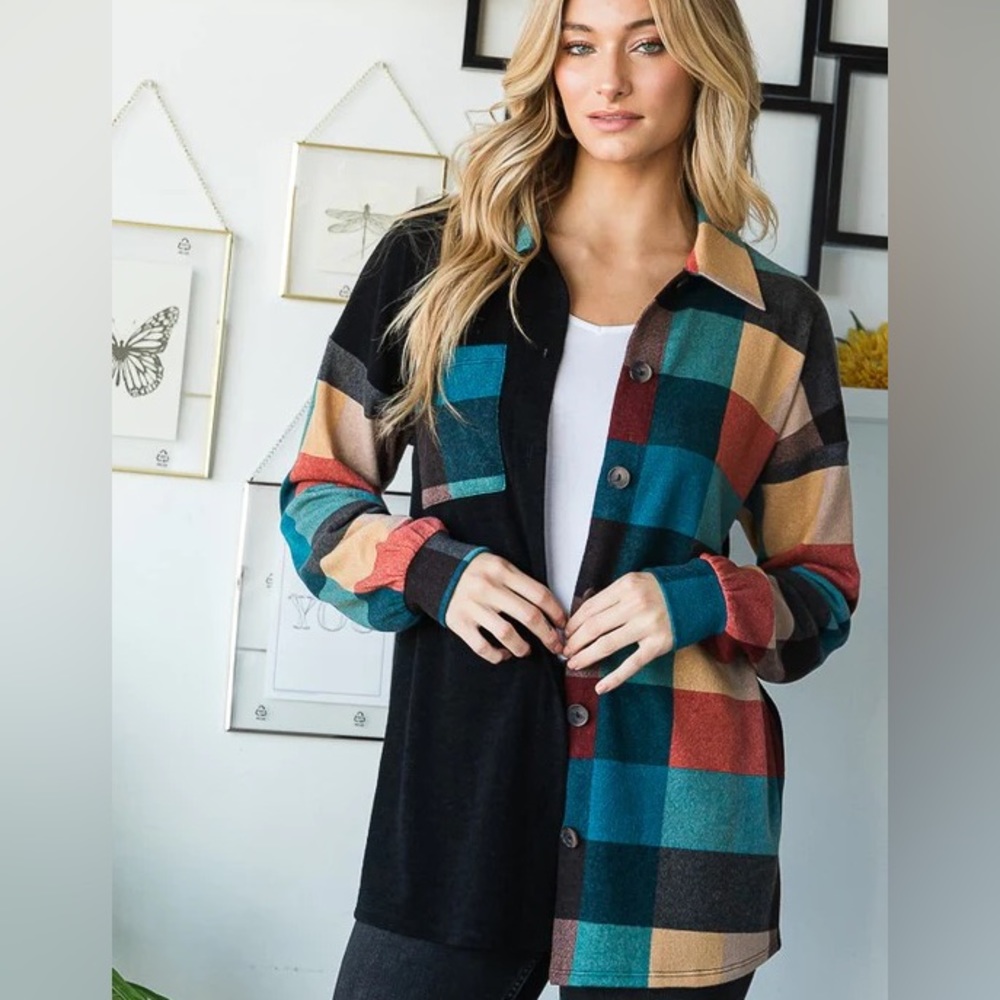 Heimish Teal Multicolor Plaid Brushed Hacci Lightweight Shacket